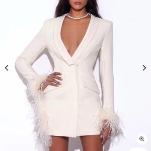 Elegant Cream Feather-Trimmed Blazer Dress